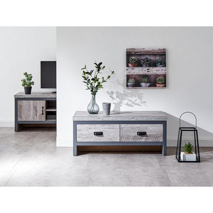 Boston Coffee Table Metal & Wood Grey 2 Drawers