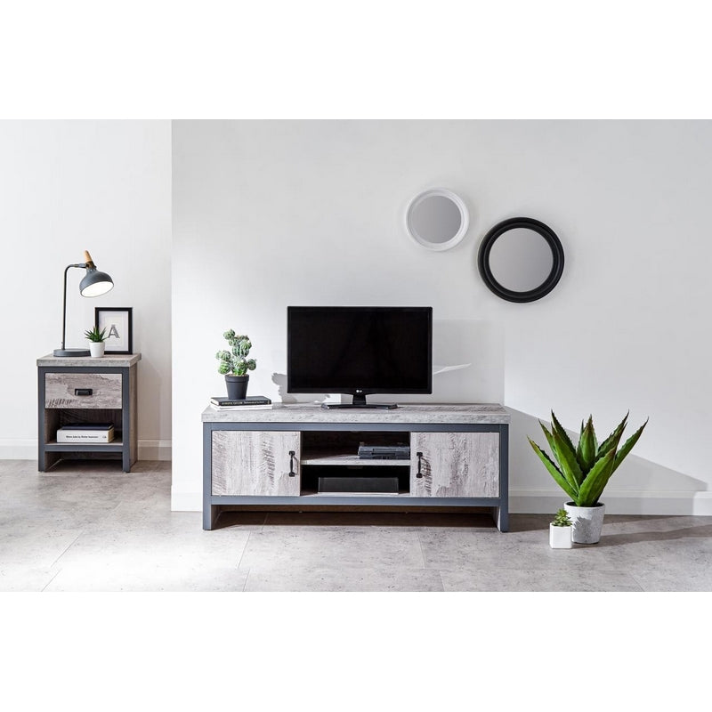 Boston TV Unit Metal & Wood Grey 2 Shelves 2 Doors