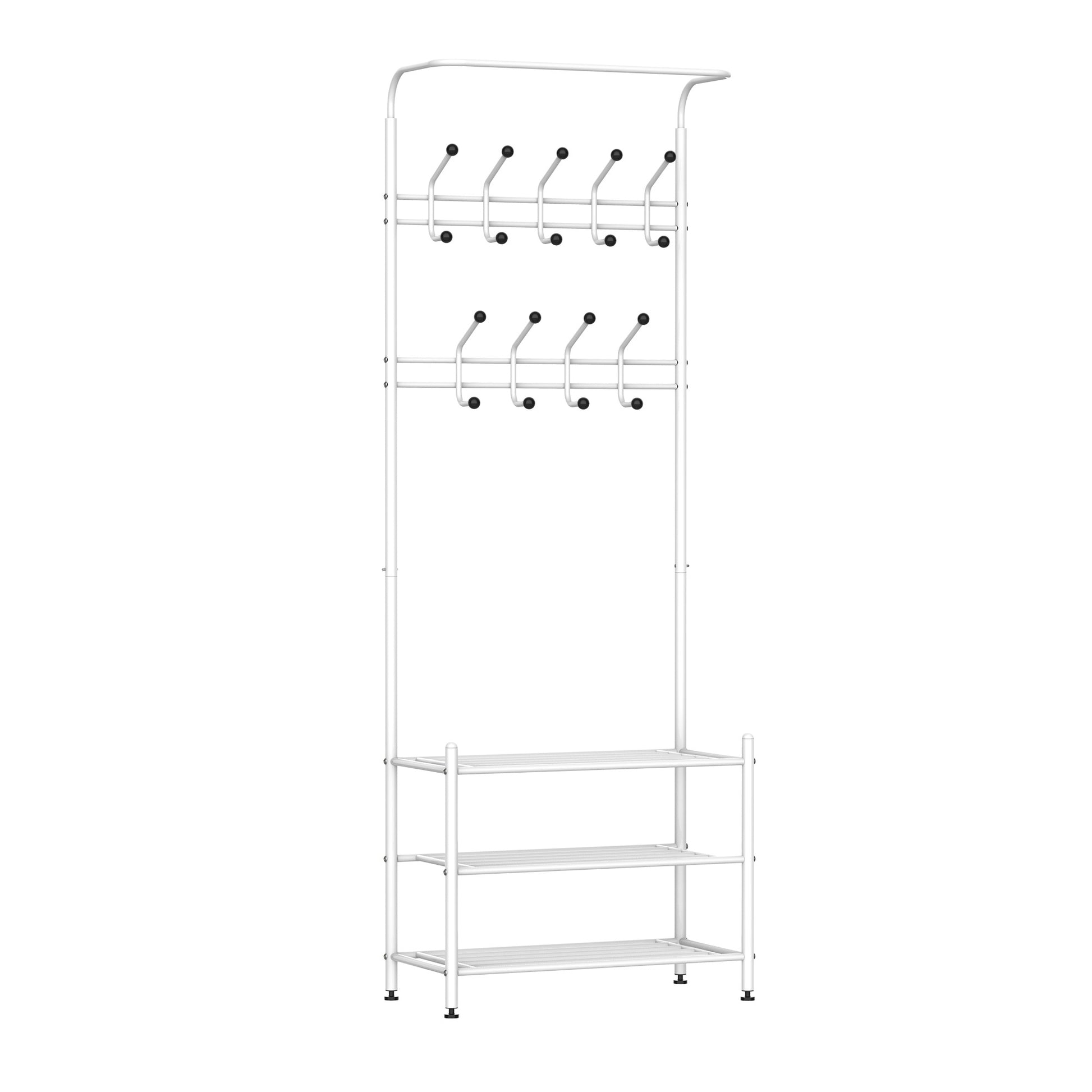 Homcom 18 Hook Metal Frame Hallway Coat Hanger w/ 3-Tier Shoe Storage White