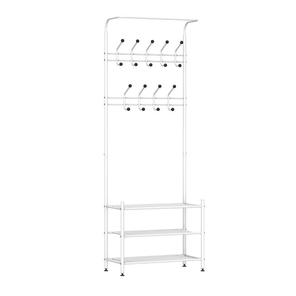 Homcom 18 Hook Metal Frame Hallway Coat Hanger w/ 3-Tier Shoe Storage White