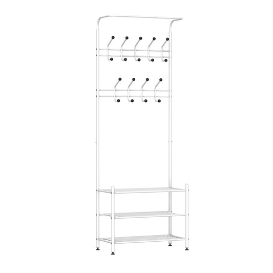 Homcom 18 Hook Metal Frame Hallway Coat Hanger w/ 3-Tier Shoe Storage White