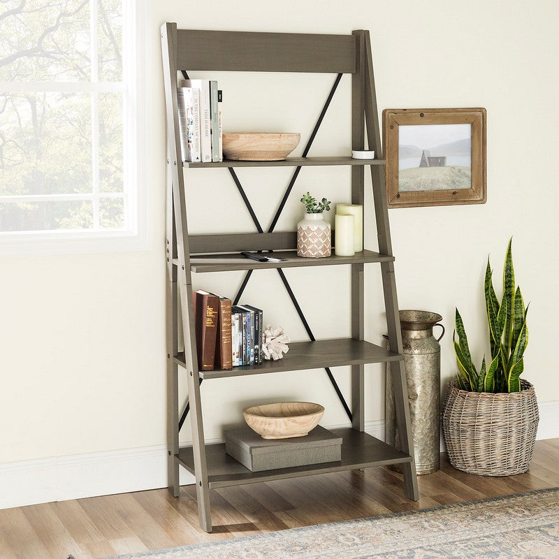 Ladder Tall Bookcase Grey 4 Shelves