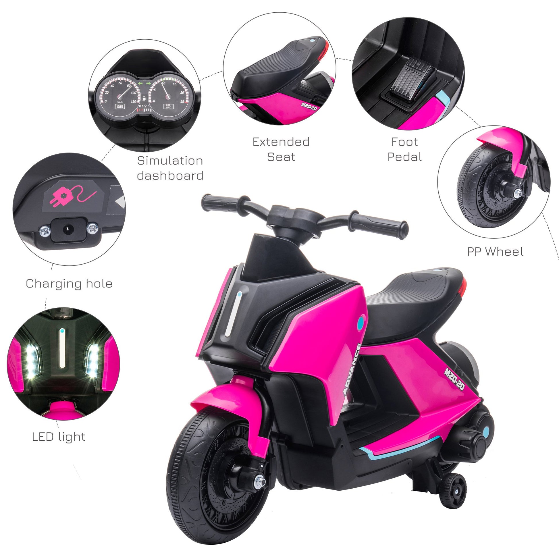 Homcom 6V Kids Electric Motorbike Ride On Toy w/ Music Headlights Safety Training Wheels for Girls Boy 2-4 Years Pink