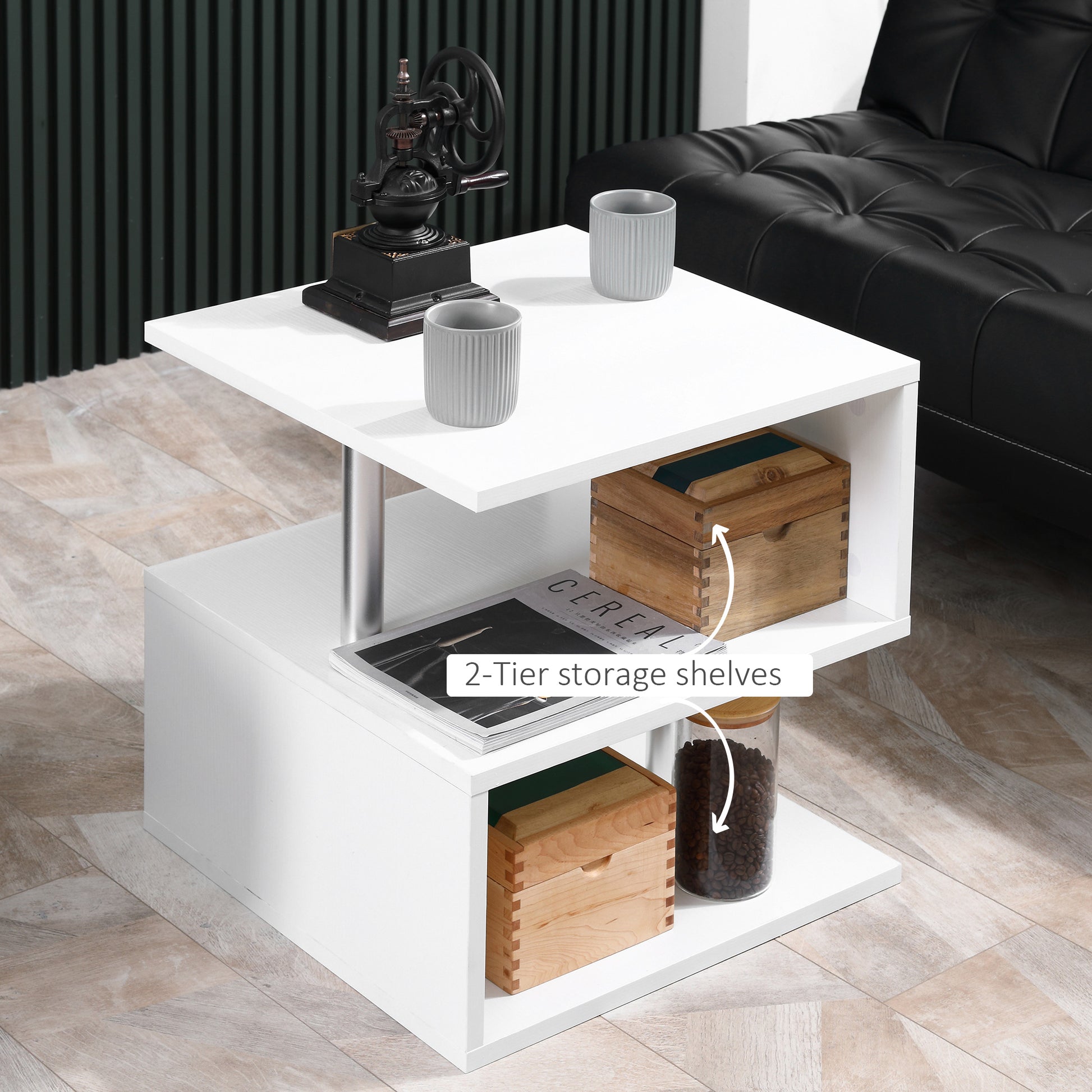 Homcom Coffee End Table S shape 2 Tier Storage Shelves Organizer Versatile Home office furniture (White)