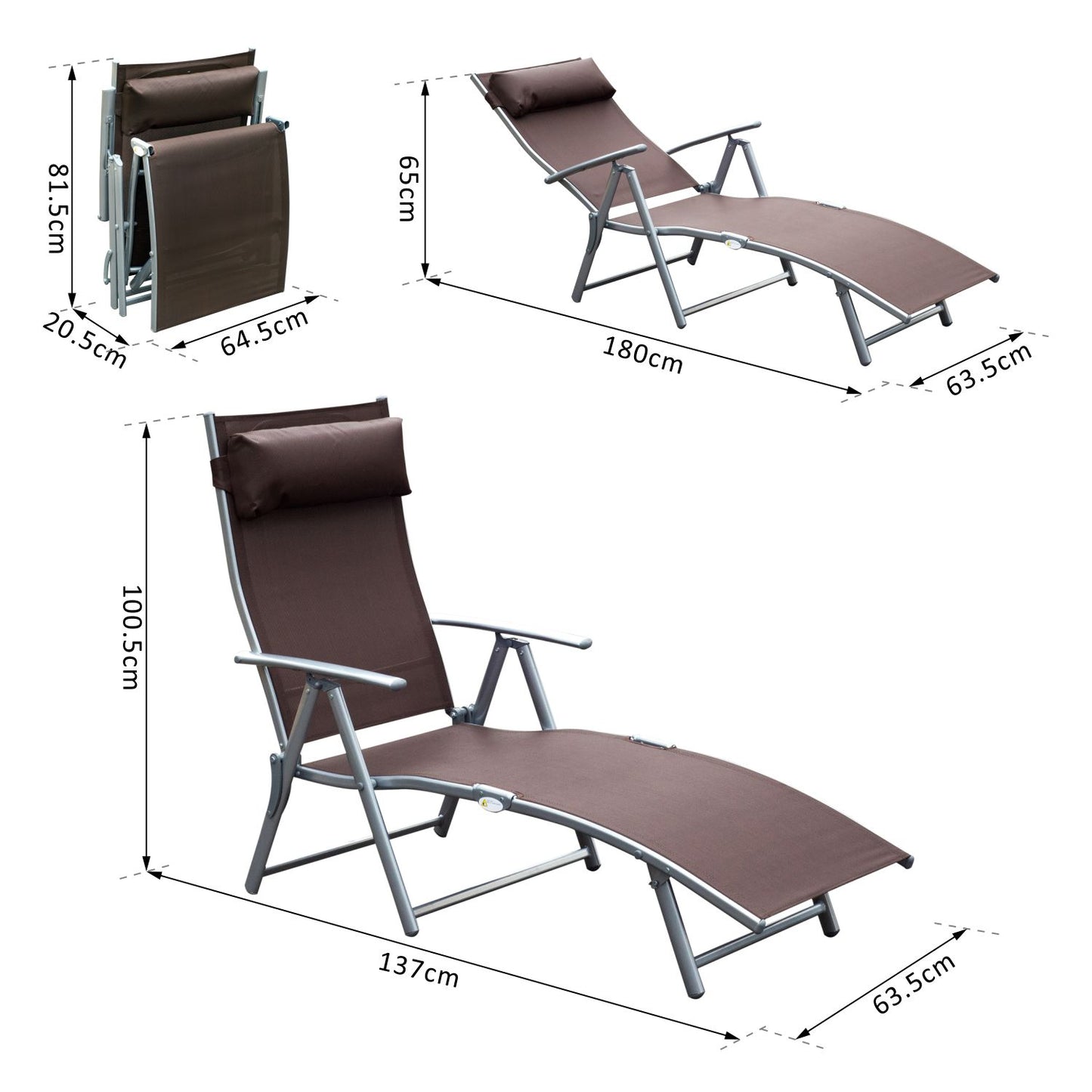 Outsunny Sun Lounger Steel Frame Outdoor Folding Chaise Texteline Lounge Chair Recliner with Headrest & 7 Levels Adjustable Backrest