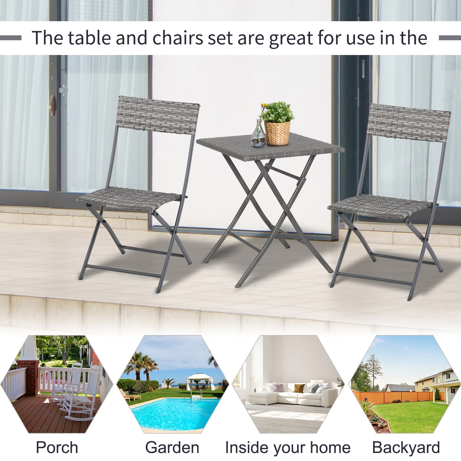 Outsunny 2-Seater Chair Bistro Set Garden Patio Table & Chair Black Rattan Furniture Grey