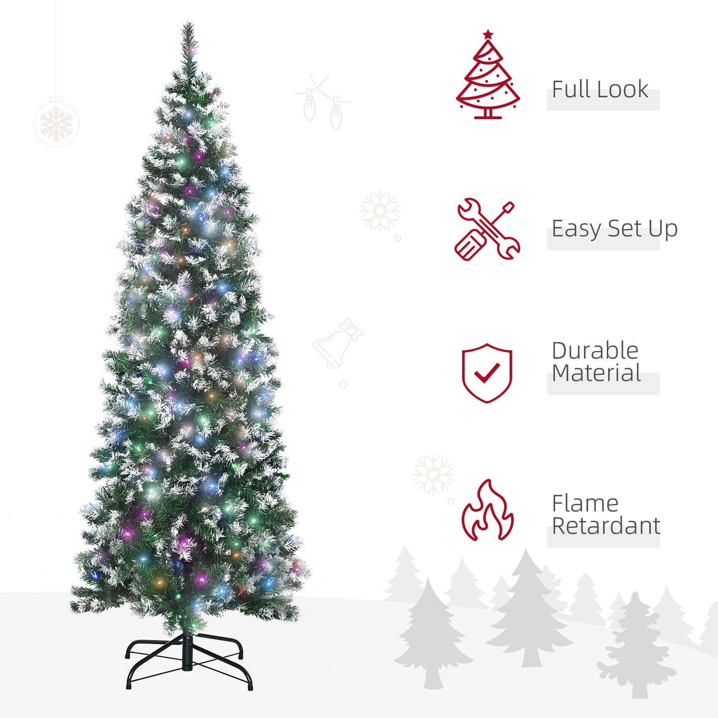 Homcom 6FT Tall Prelit Pencil Slim Artificial Christmas Tree with Realistic Branches