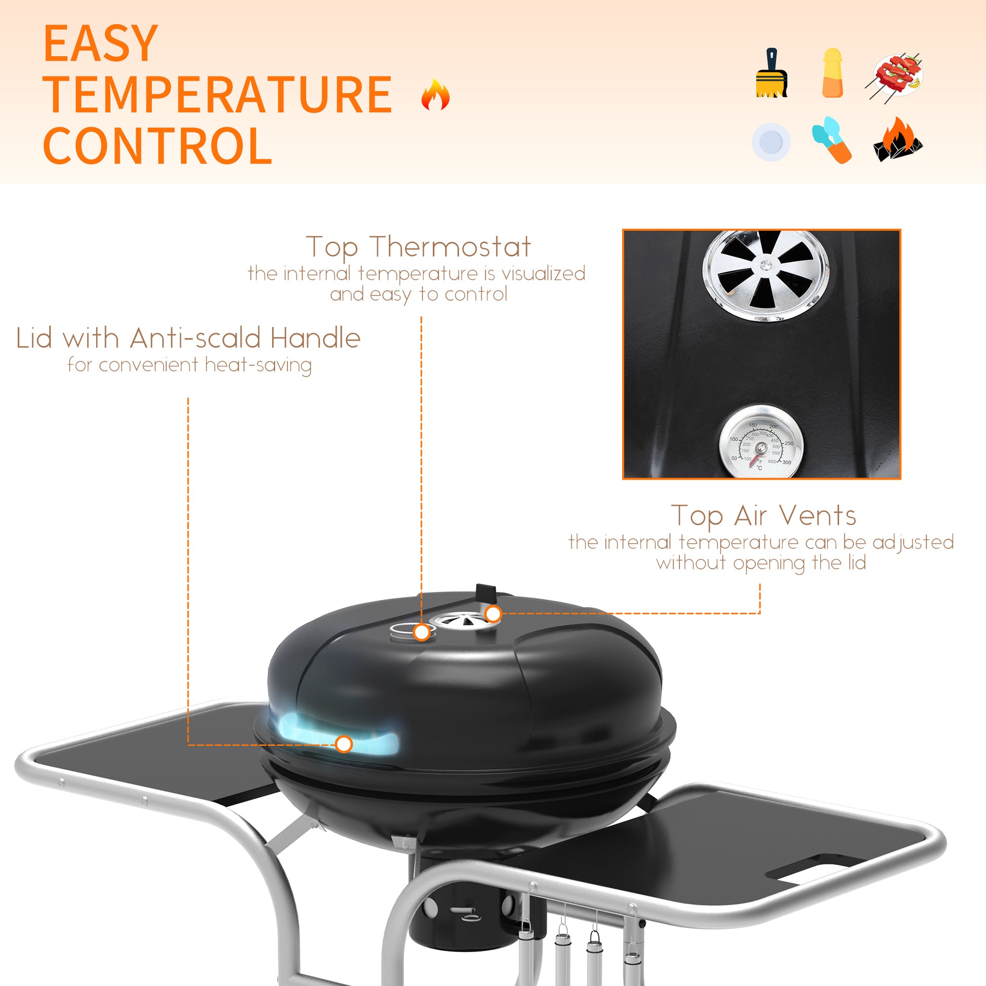 Outsunny Portable Charcoal Kettle Grill Outdoor Barbecue Trolley BBQ Heat Smoker Grilling with Two wheels