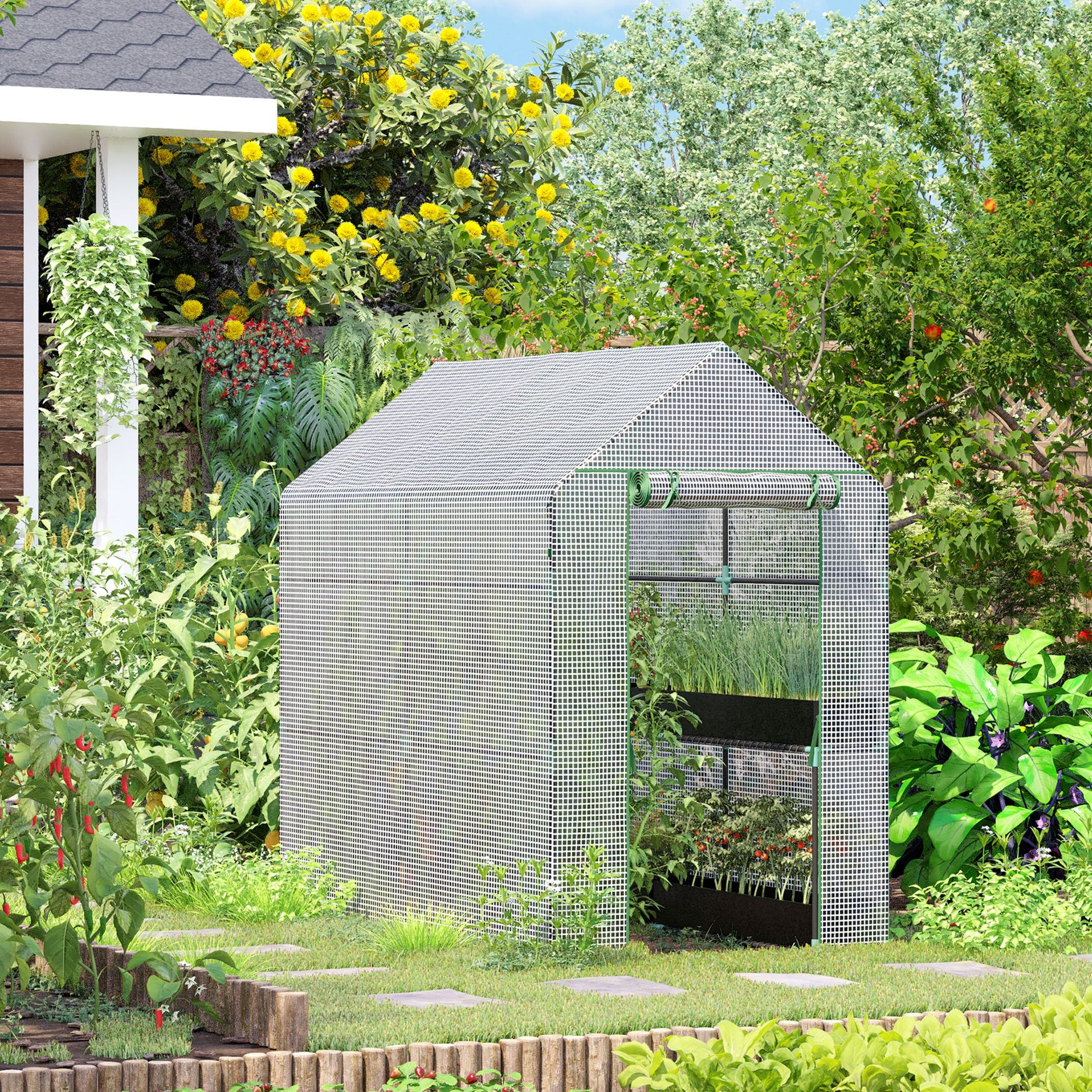 Outsunny Walk in Garden Greenhouse with Shelves Polytunnel Steeple Grow House 186L x 120W 190H cm White