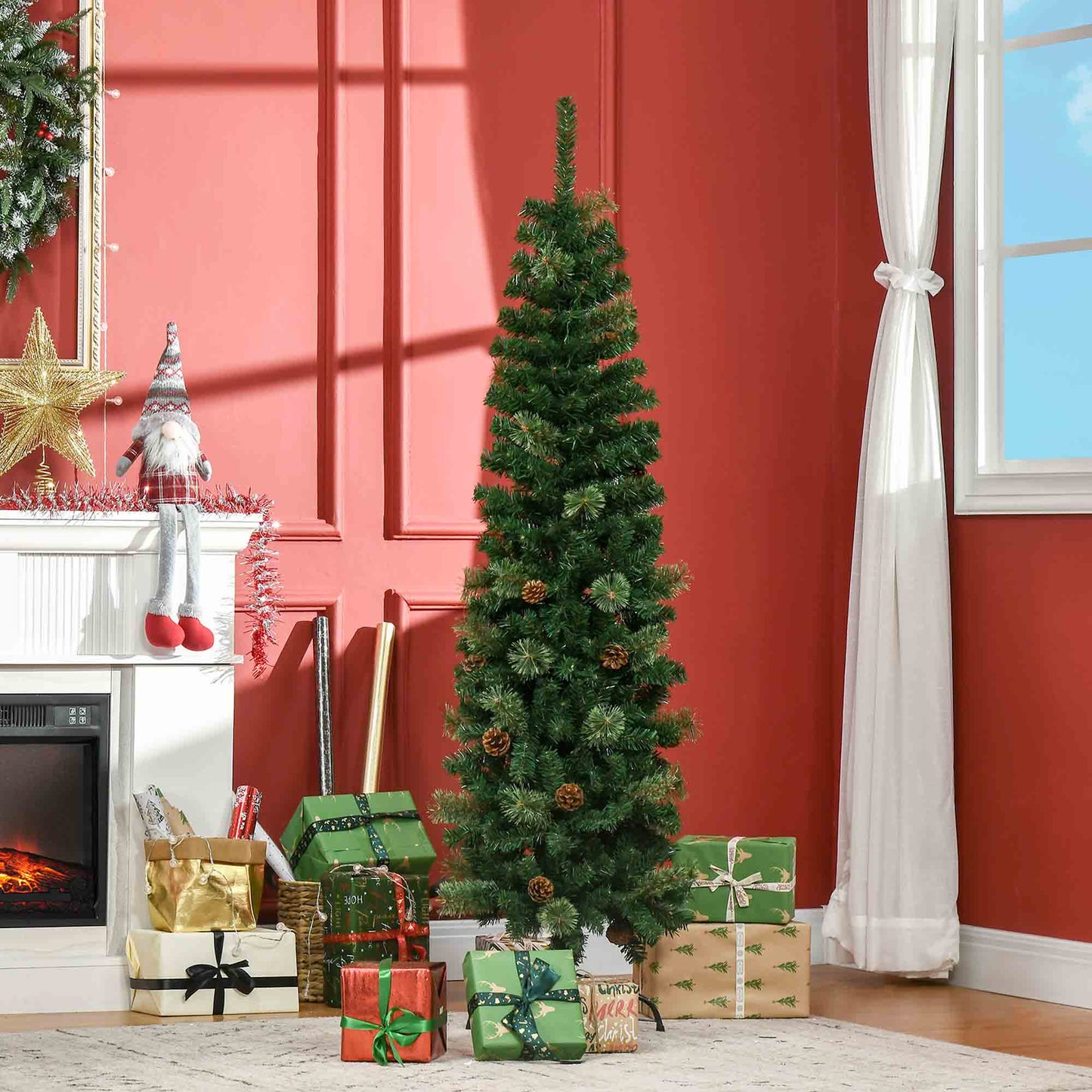 Homcom 5.5FT Tall Pencil Slim Artificial Christmas Tree with Realistic Branches