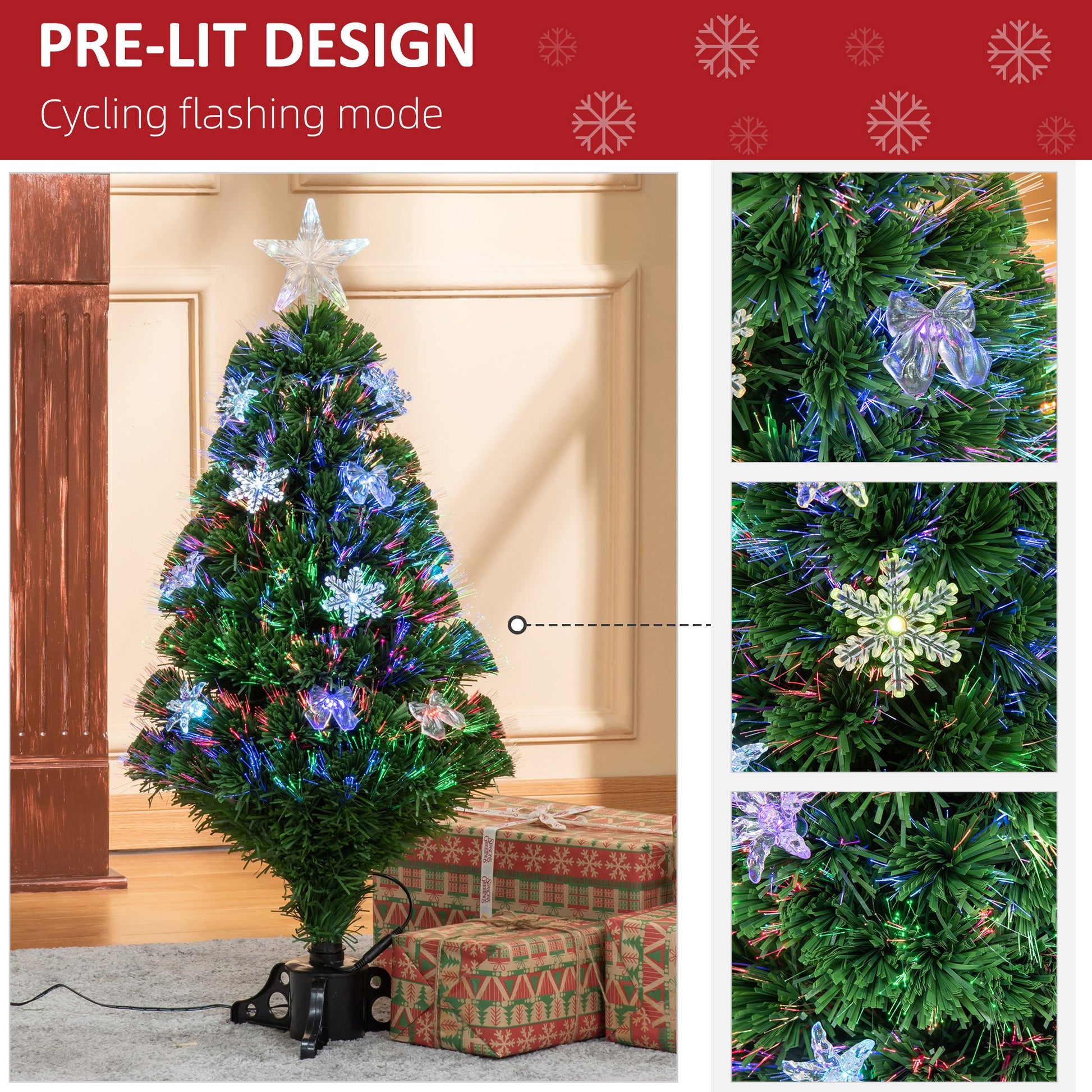 Homcom 3FT Prelit Artificial Christmas Tree Fiber Optic LED Light Holiday Home Xmas Decoration Tree with Foldable Feet