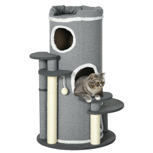 Barrel Shaped Cat Tree with Sisal Scratching Posts, Cat Bed, Platforms, Hanging Ball, Grey, Grey-0