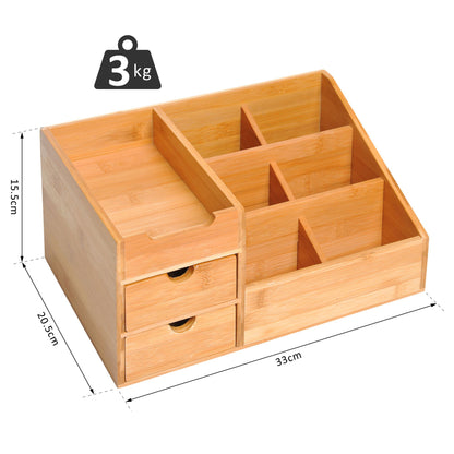 Homcom Organiser Holder Multi-Function Storage Caddy Drawers Home Office Stationary Supplies 7 Storage Compartments And 2 Drawers Natural Wood