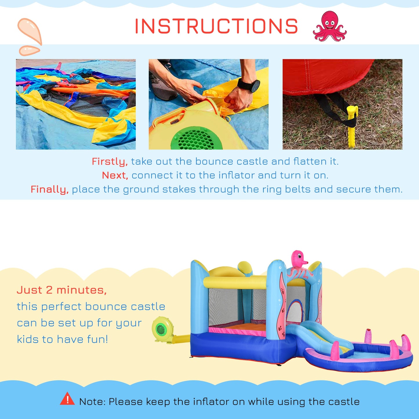 Outsunny Bounce Castle Inflatable Trampoline Slide Pool Octopus Design 3.8 x 2 x 1.8m