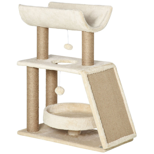 Cat Tree for Indoor Cats with Scratching Posts Pad, Kitten Tower with Bed Perch Ball Toy, 60 x 30 x 76 cm, Light Brown-0