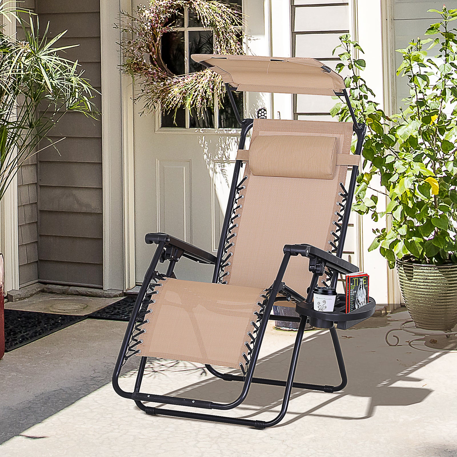 Outsunny Zero Gravity Garden Deck Folding Chair Texteline Patio Sun Lounger Reclining Seat with Cup Holder & Canopy Shade - Beige