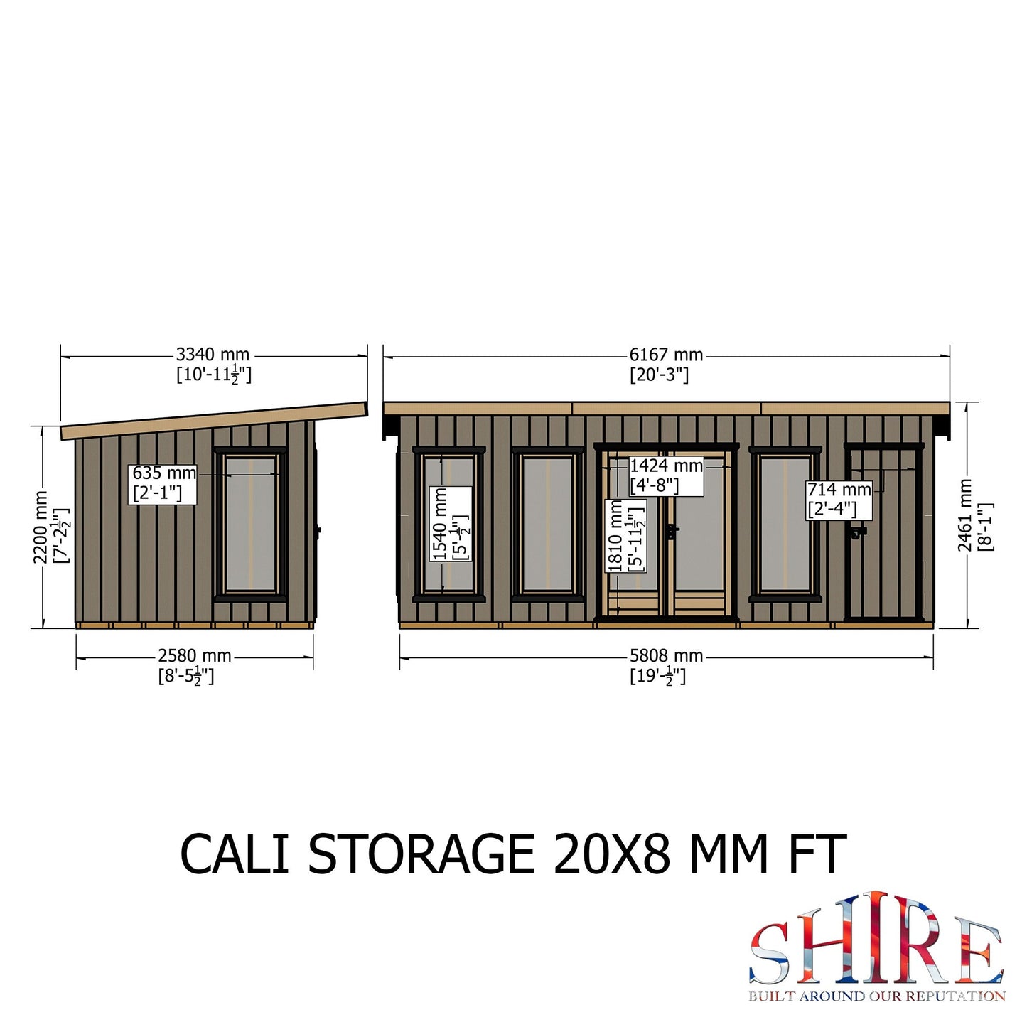 Shire Cali 8' 5" x 19' Pent Garden Office with Storage - Premium Wax Board