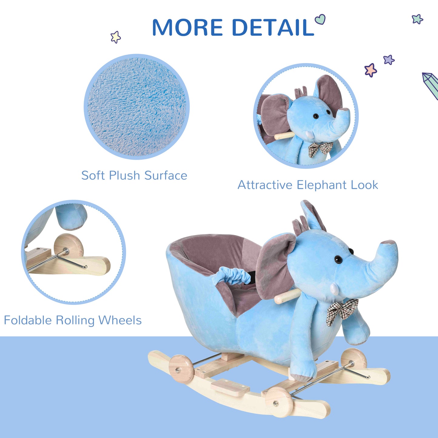 Homcom 2 In 1 Plush Baby Ride On Rocking Horse Elephant Rocker With Wheels Wooden Toy For Kids 32 Songs (Blue)