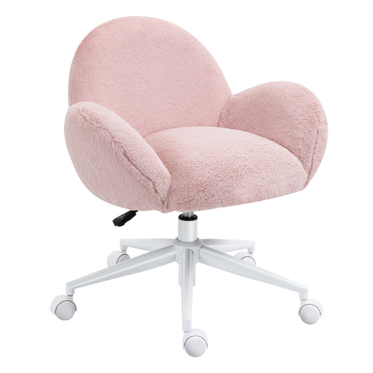 Homcom Fluffy Leisure Chair Office Chair with Backrest and Armrest for Home Bedroom Living Room with Wheels Pink