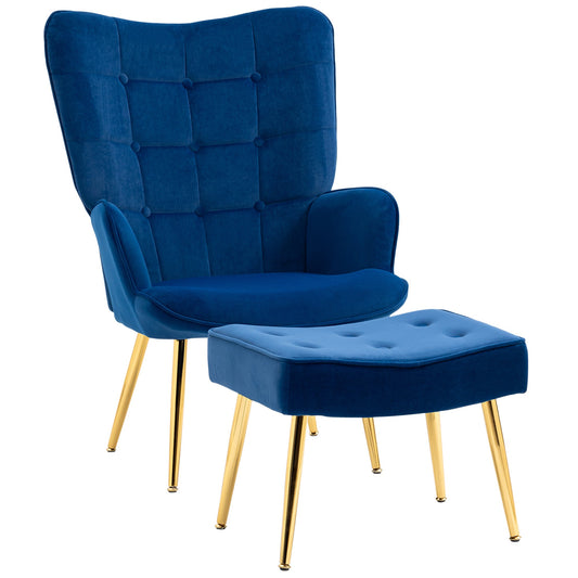 Upholstered Armchair w/ Footstool Set, Modern Button Tufted Accent Chair w/ Gold Tone Steel Legs, Wingback Chair, Dark Blue-0