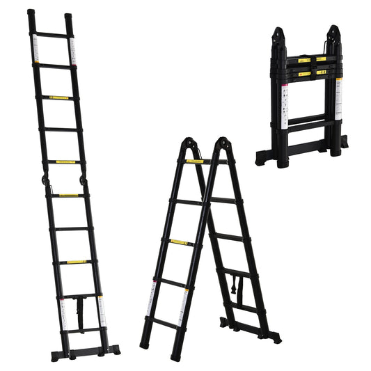 3.2m/10.5ft Telescopic Ladder, Extendable Aluminium Ladder with Anti-slip Pedals, Multi-purpose Portable Foldable 10 Step Ladder, 150kg Capacity, EN131, Black-0