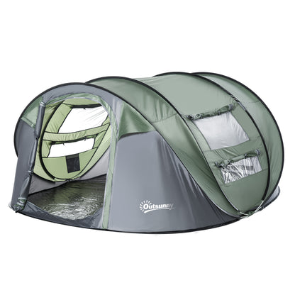 Outsunny 4-5 Person Pop-up Camping Tent Waterproof Family Tent w/ 2 Mesh Windows & PVC Windows Portable Carry Bag for Outdoor Trip Dark Green