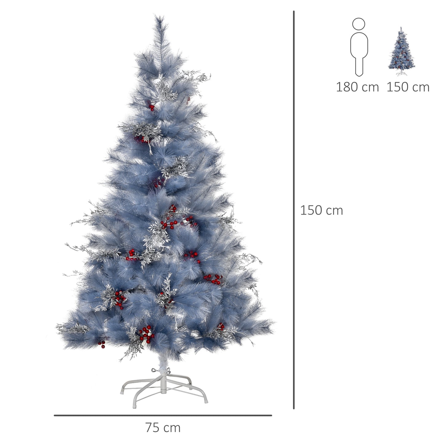 Homcom 5FT Indoor Christmas Tree Artificial Berry Snow Xmas Decoration with Metal Stand and 222 Tips Grey