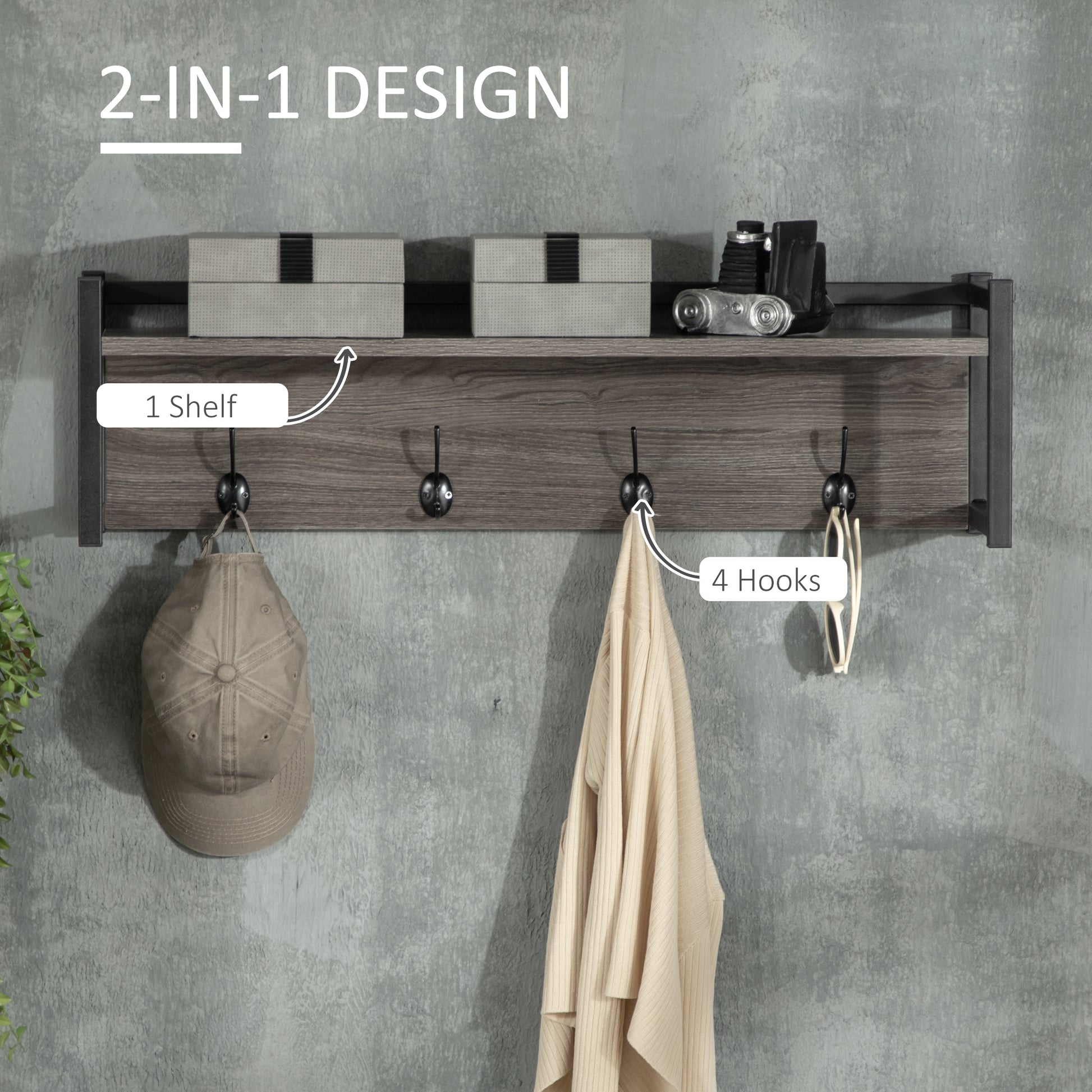 Homcom Coat Rack Wall-Mounted With 4 Coat Hooks And Open Storage Shelf