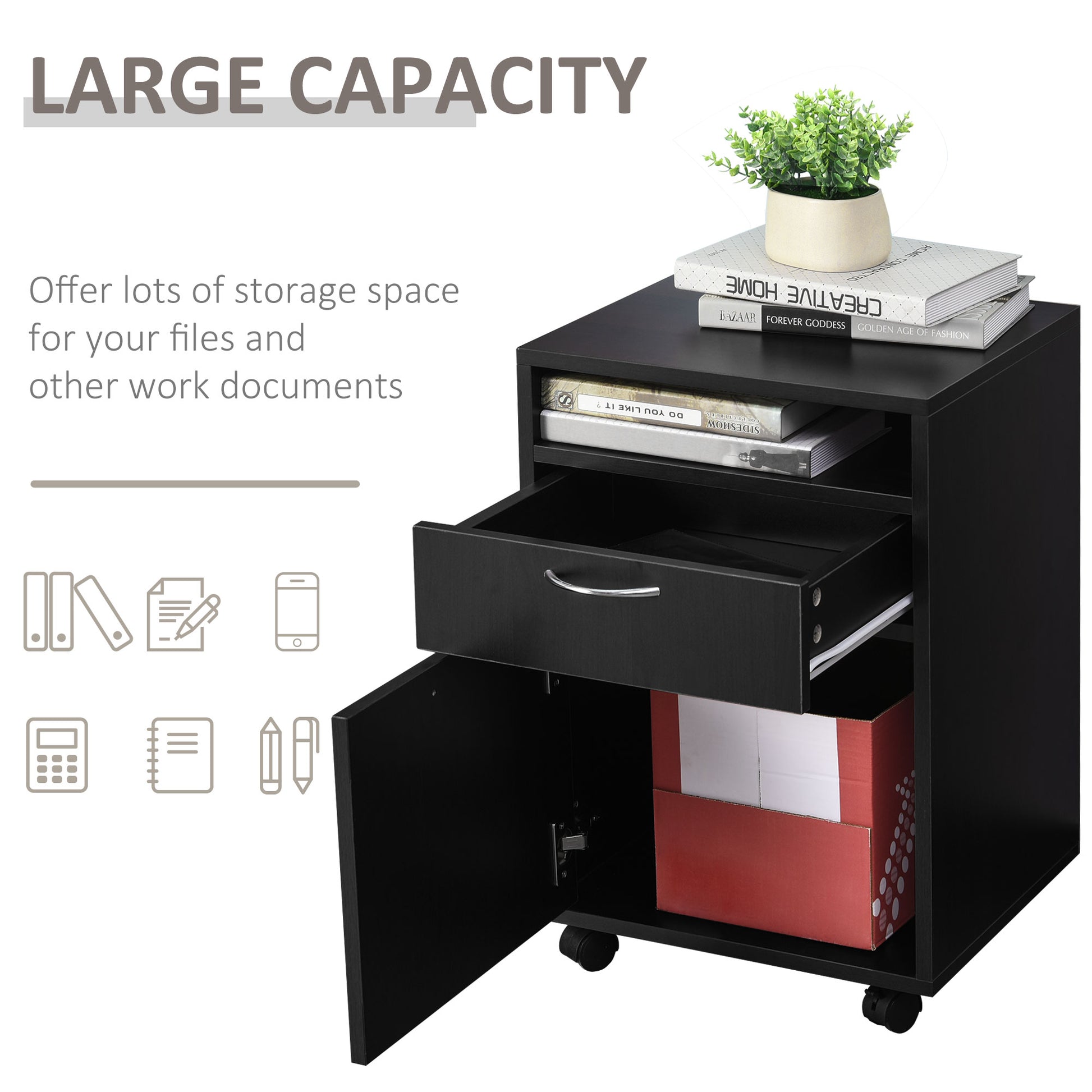 Homcom 60cm Storage Cabinet w/ Drawer Open Shelf Metal Handles 4 Wheels Office Home Organiser Mobile Printer Black