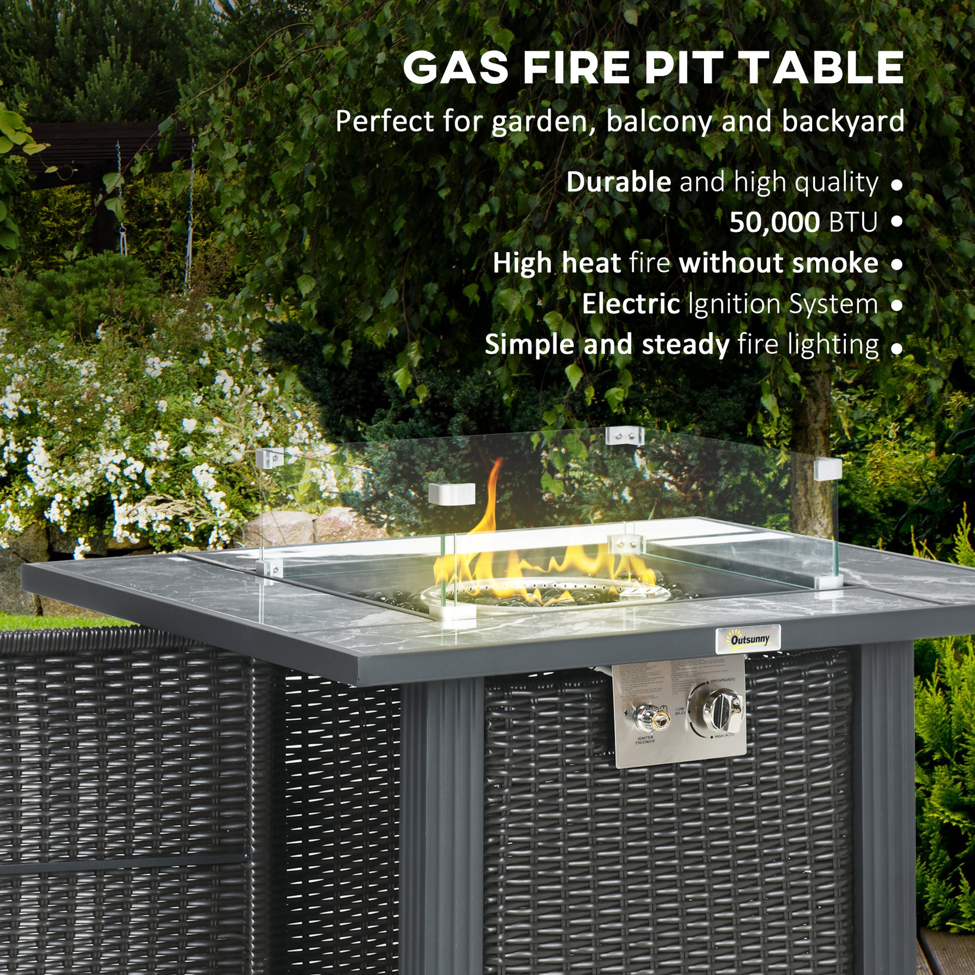 Outsunny Outdoor PE Rattan Gas Fire Pit Table