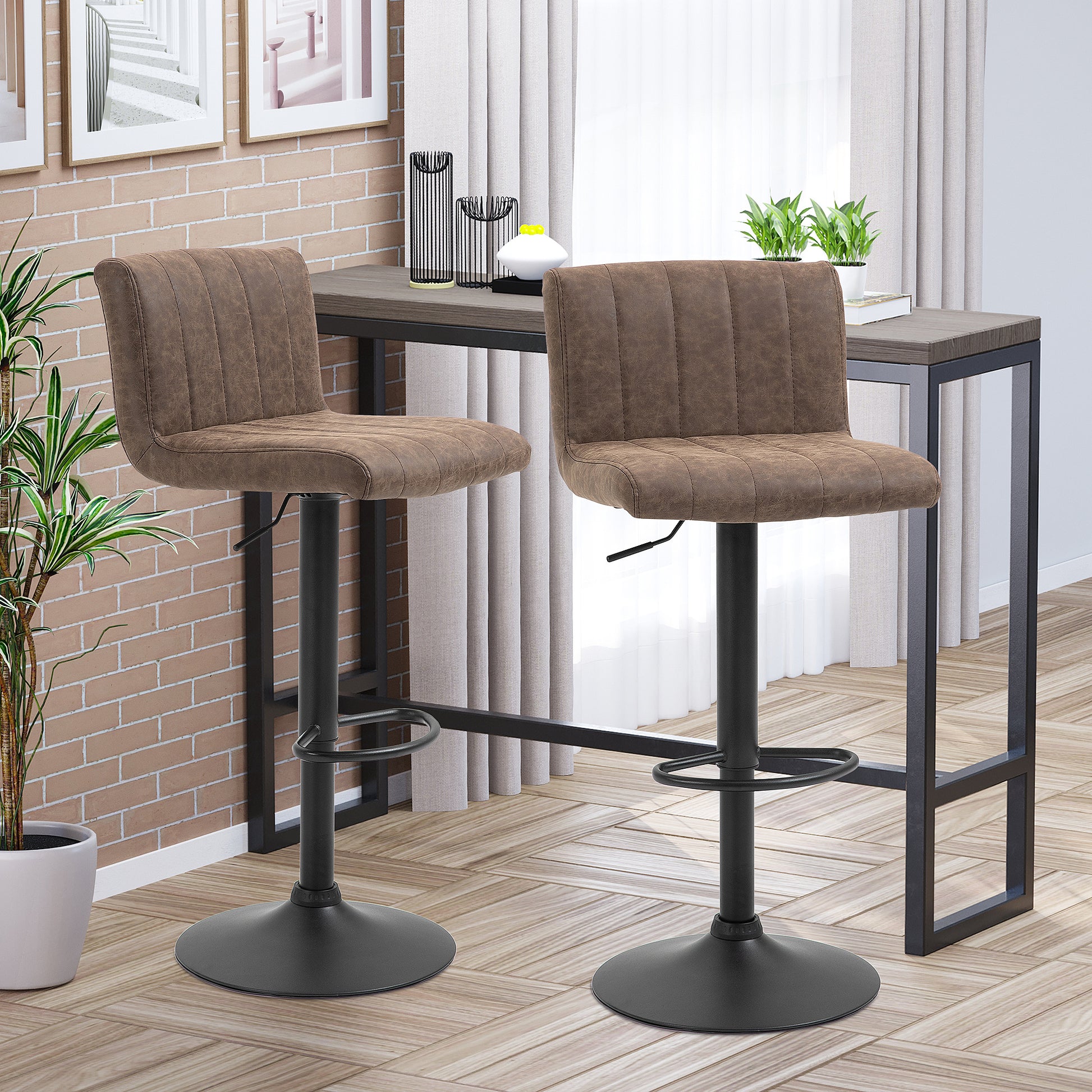 Homcom Adjustable Barstools Set Of 2 Swivel Counter Bar Chairs Bar Stools With Footrest Pu Leather Gas Lift Brown