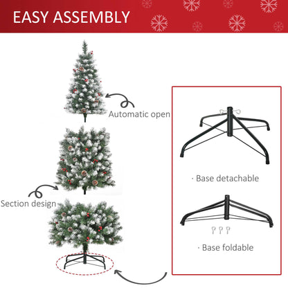 Homcom 6FT Artificial Christmas Tree Foldable Feet Xmas Pencil Tree with Red Berries and Pinecones