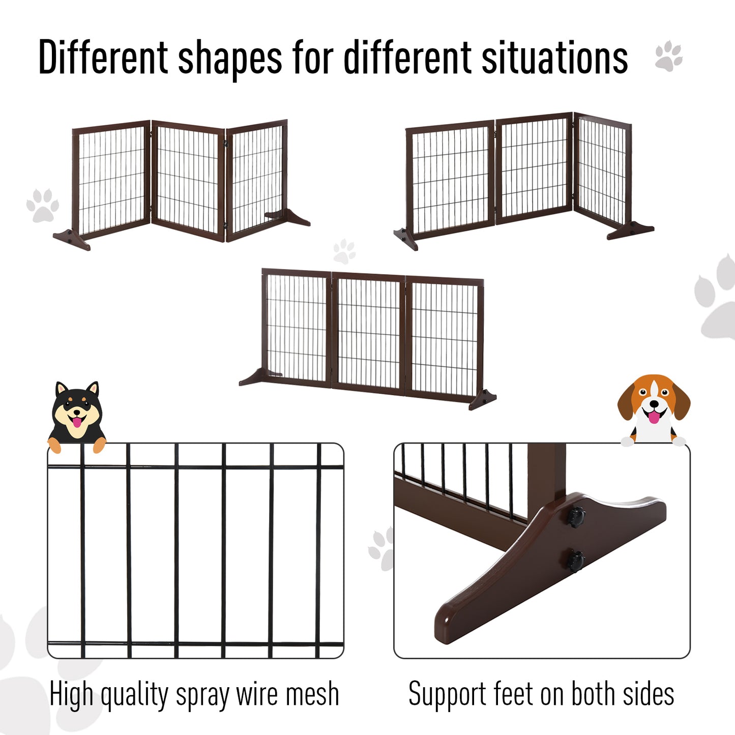 PawHut 3 Panel Pet Gate Pine Frame Indoor Foldable Dog Barrier w/Supporting Foot