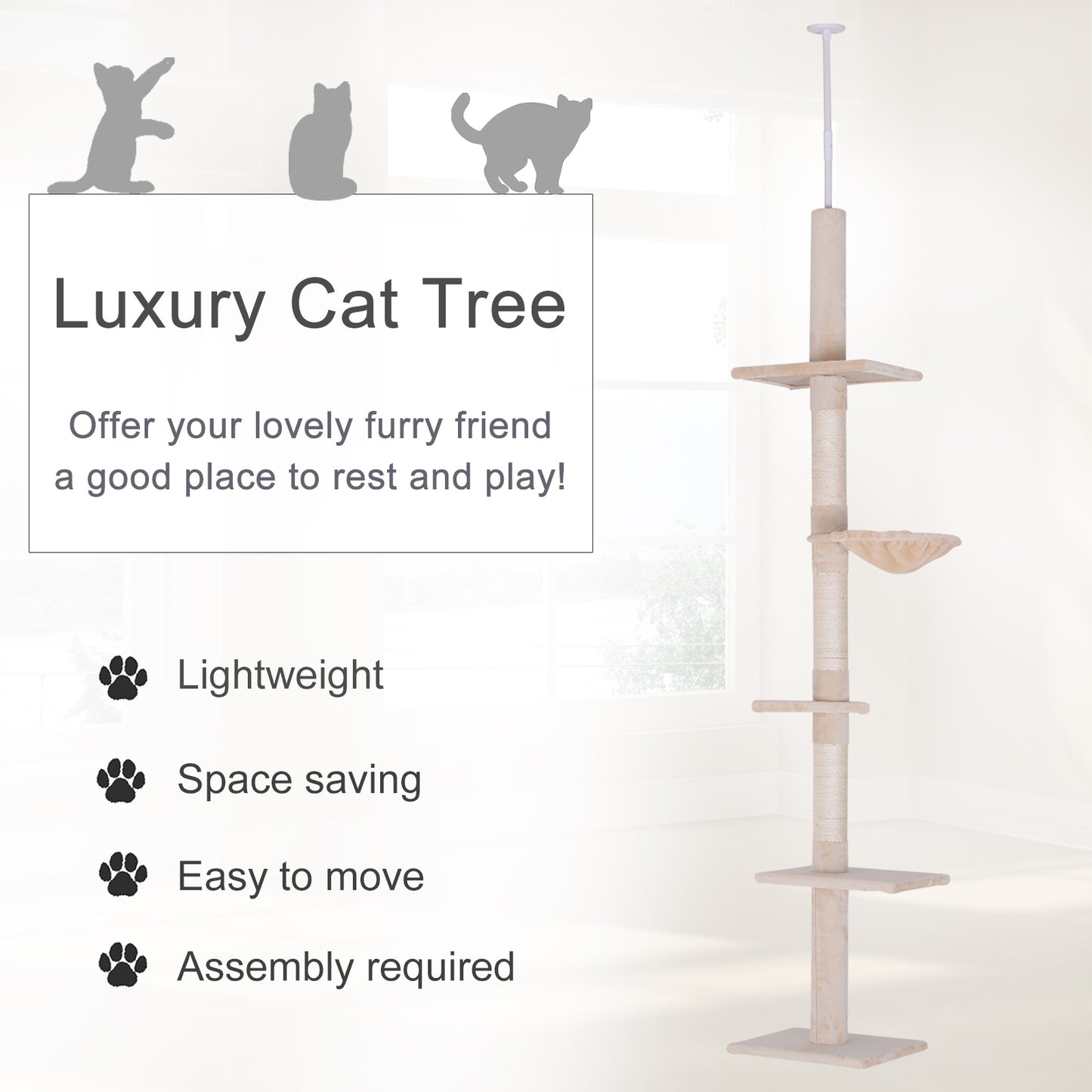 PawHut Floor to Ceiling Cat Tree for Indoor Cats 5-Tier Kitty Tower Climbing Activity Center Scratching Post Adjustable Height 230-260 cm Beige