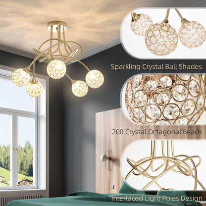 Homcom Crystal Chandelier Modern Pendant Light for Living Room with 5 Ball Lampshades 5 G9 Bulbs Required Gold Tone