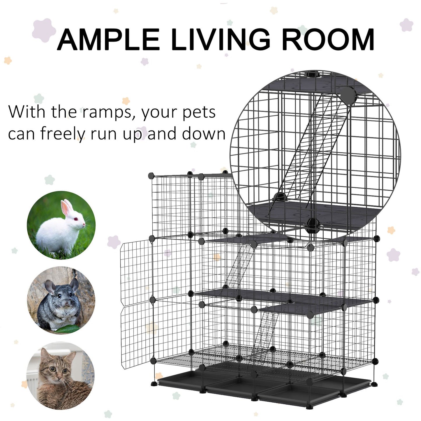 PawHut Steel 3-Tier Small Animal Playpen Cage Black