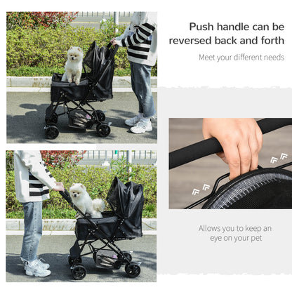 PawHut Pet Stroller Pushchair Foldable Travel Dog Cat Carriage w/ Reversible Handle Brake Basket