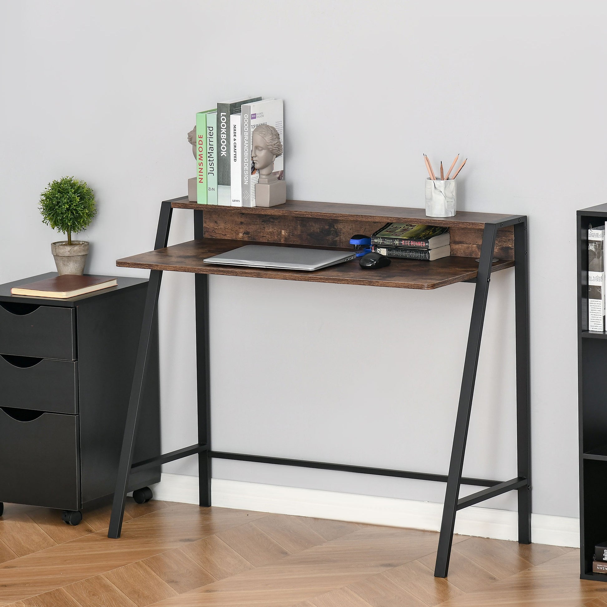 Homcom Industrial-Style Writing Desk With Top Shelf - Brown