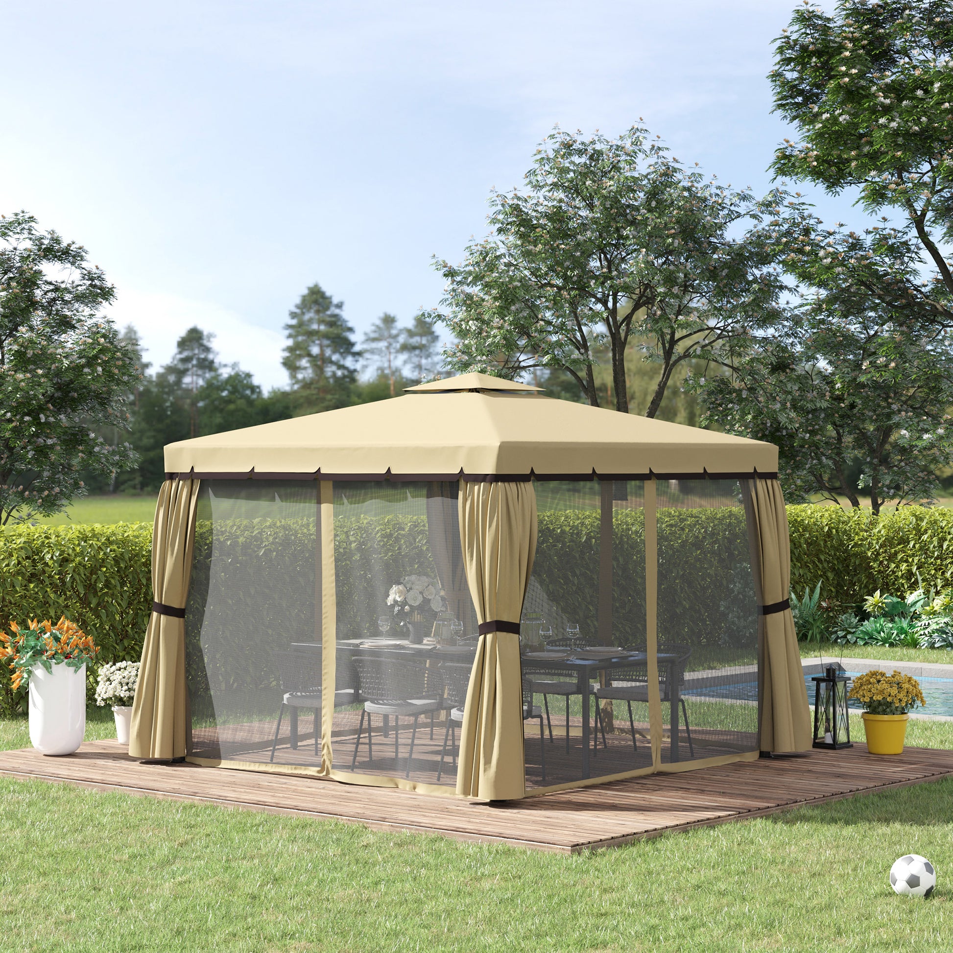 Outsunny 3 x 3(m) Patio Gazebo Canopy Garden Pavilion Tent Shelter with 2 Tier Water Repellent Roof