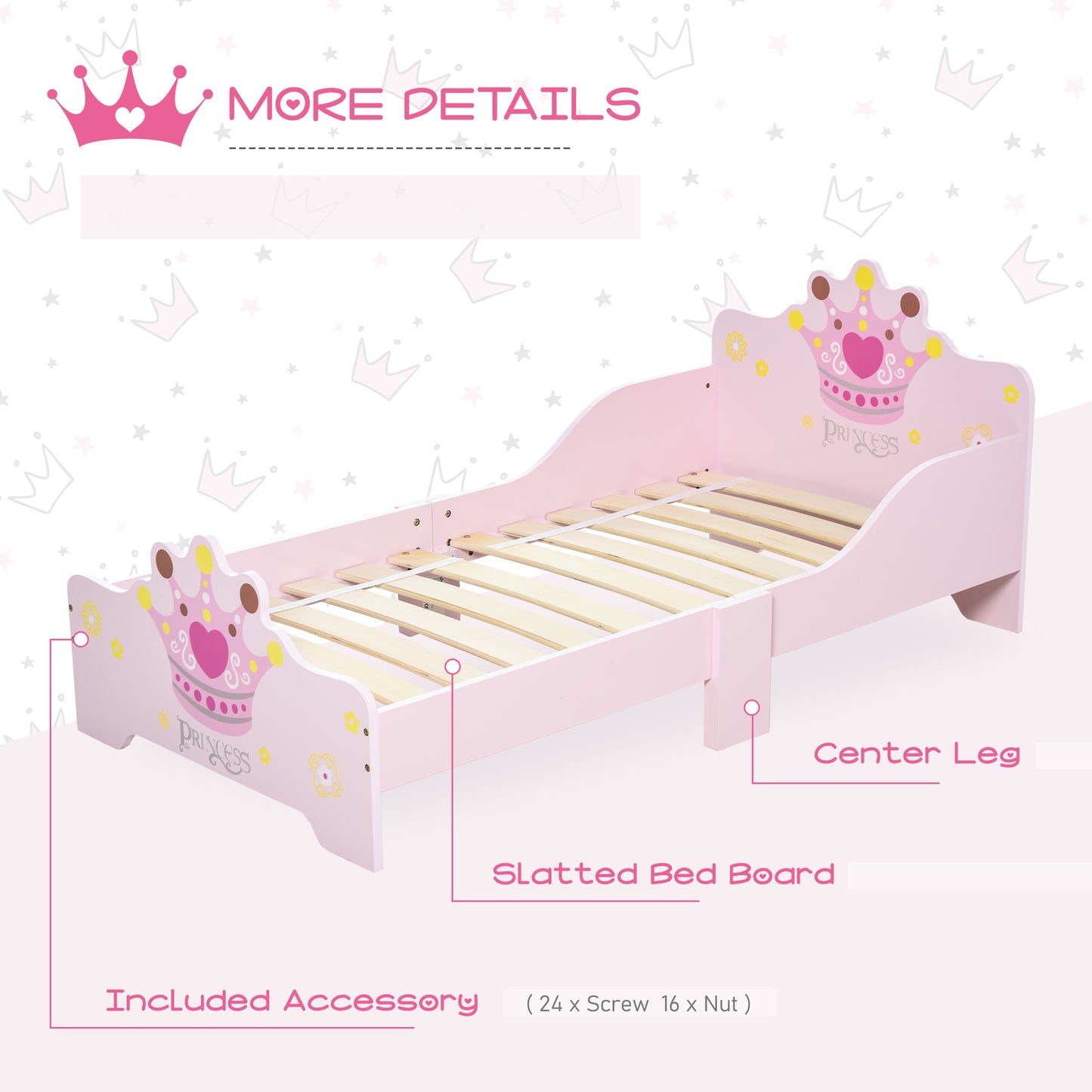 Homcom Kids Toddler Bed Princess Crown Theme Safety Side Rails Slats Home Bedroom Furniture Boys Girls 3-6 Yrs Pink 143 x 73 x 60 cm