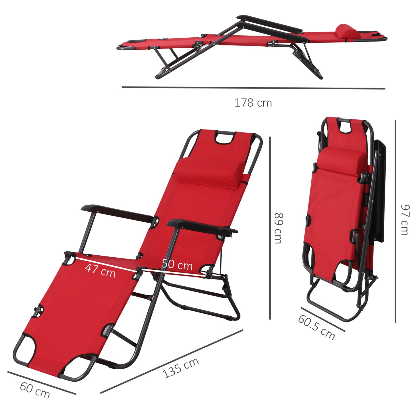 Outsunny 2 in 1 Sun Lounger Folding Reclining Chair Garden Outdoor Camping Adjustable Back with Pillow (Red)