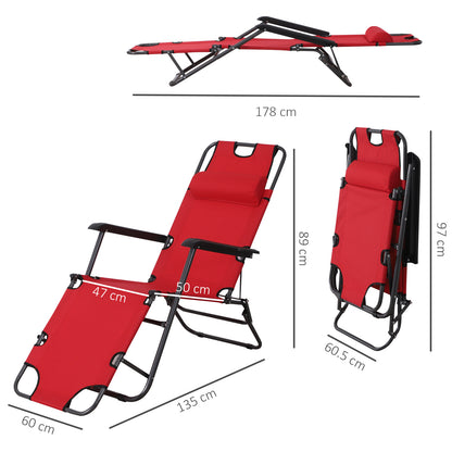 Outsunny 2 in 1 Sun Lounger Folding Reclining Chair Garden Outdoor Camping Adjustable Back with Pillow (Red)