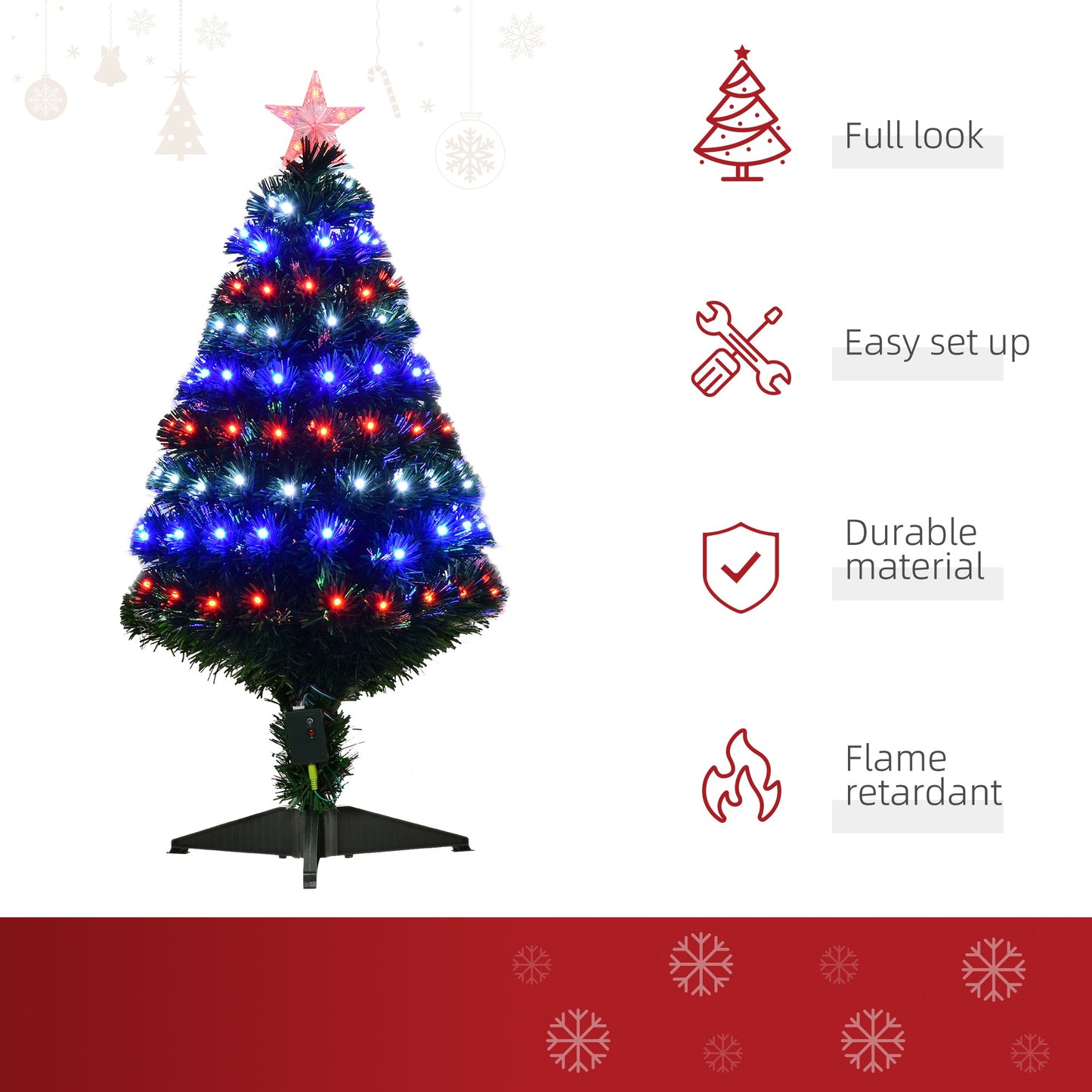 Homcom 3FT Prelit Artificial Christmas Tree with Multi-Coloured Fiber Optic LED Light