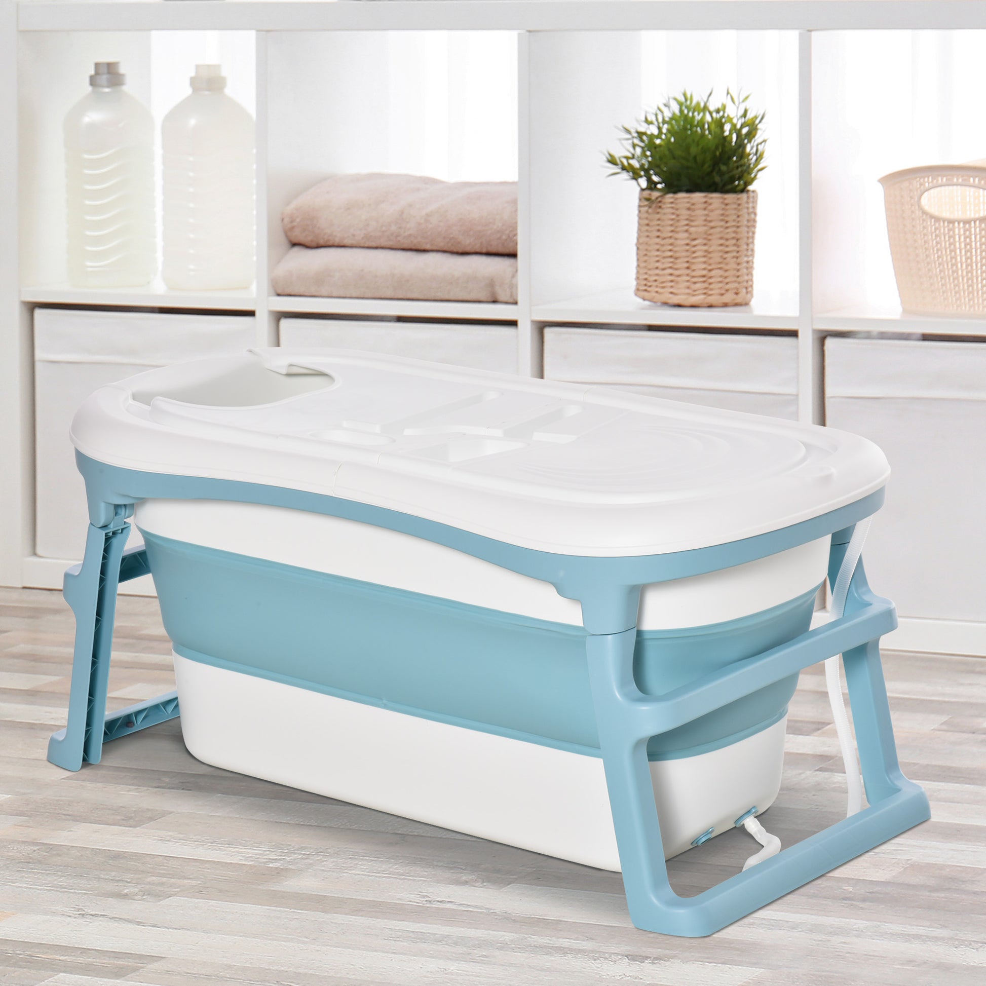 Homcom Folding Baby Bath Tub for Toddlers Kids Portable with Non-Slip Pads Top Cover for 1-12 Years Blue