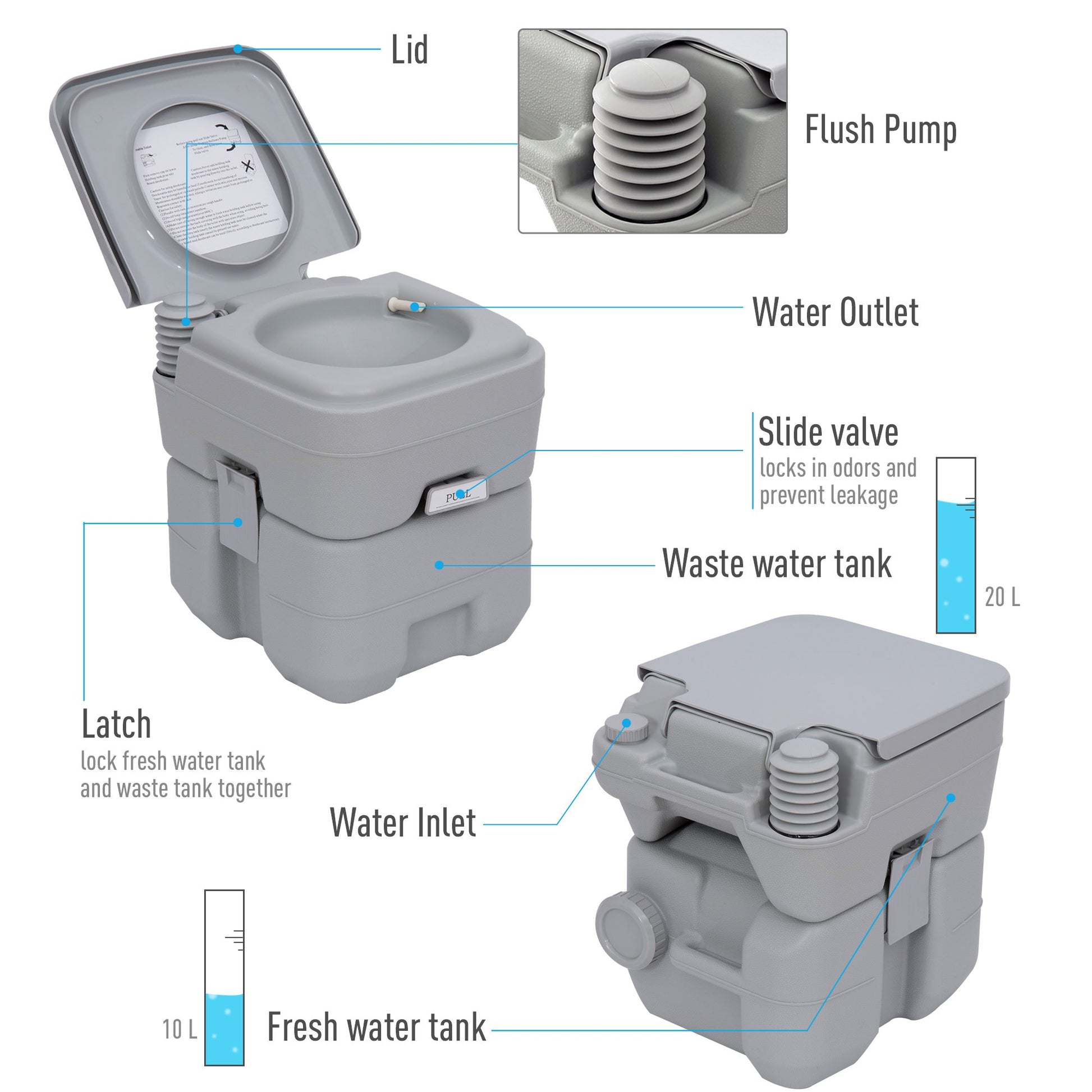 Outsunny Portable Camping Toilet Potty Mobile Toilet-Grey