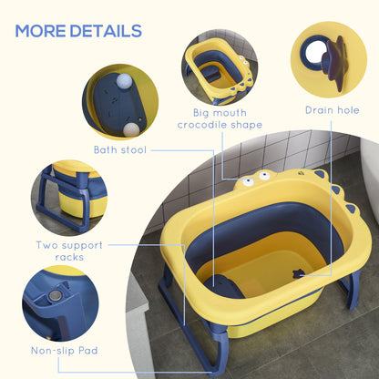 Homcom Baby Bath Tub for 0-6 Years Collapsible Non-Slip Portable with Stool Seat for Newborns Infants Toddlers Kids Crocodile Shape Yellow