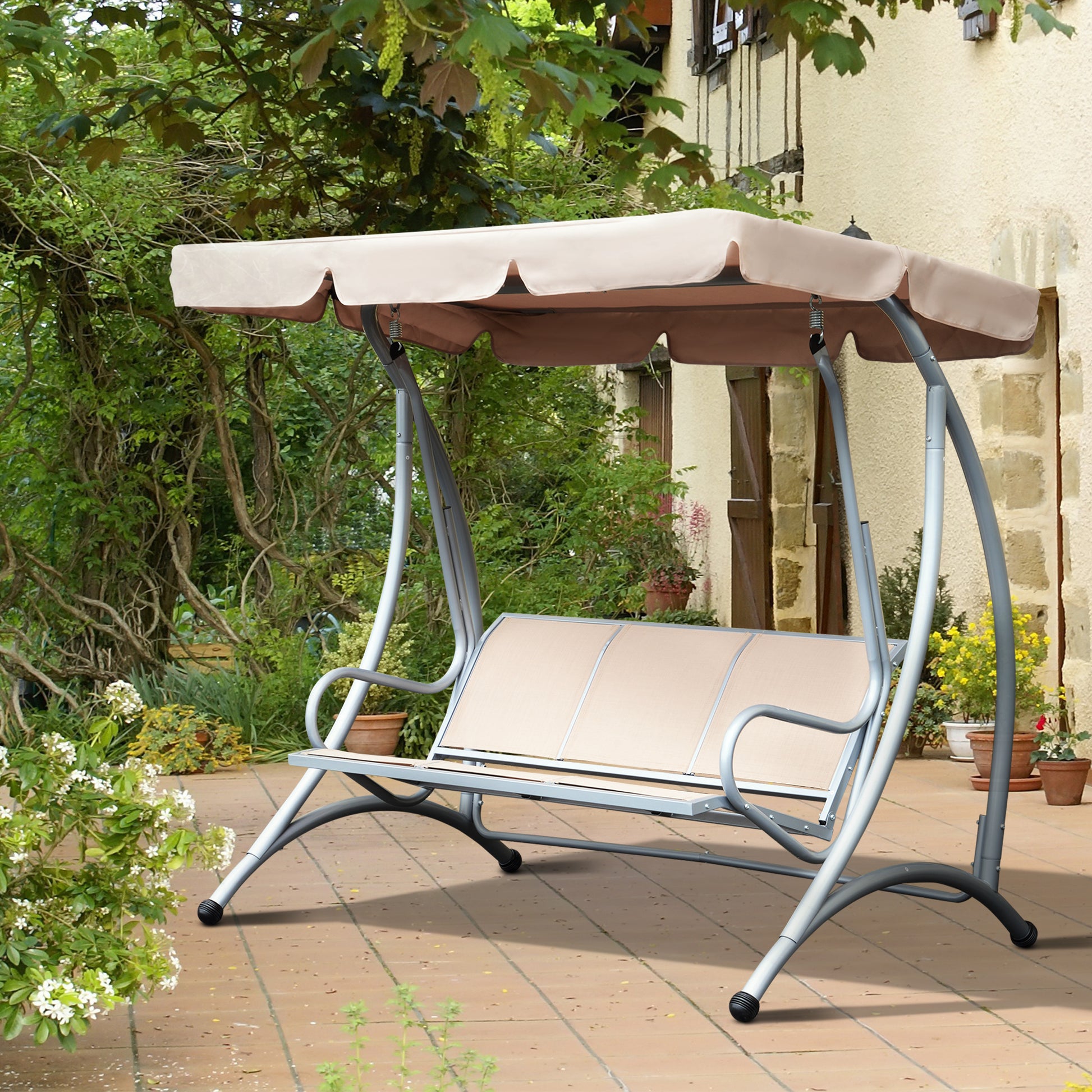 Outsunny 3 Seater Garden Swing Seat Bench Steel Swing Chair With Adjustable Canopy For Outdoor Patio Porch - Beige