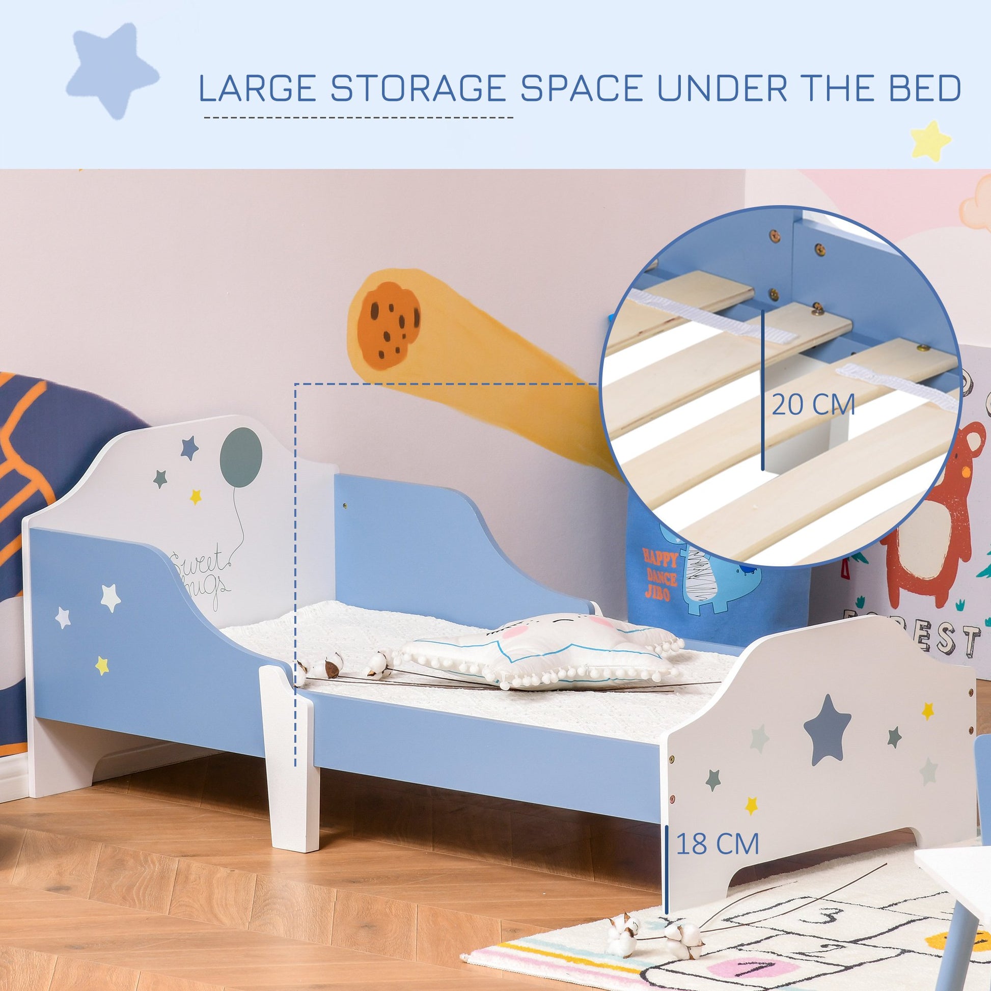 Homcom Kids Star & Balloon Single Bed Frame w/ Safe Guardrails Slats Bedroom Furniture Dreams