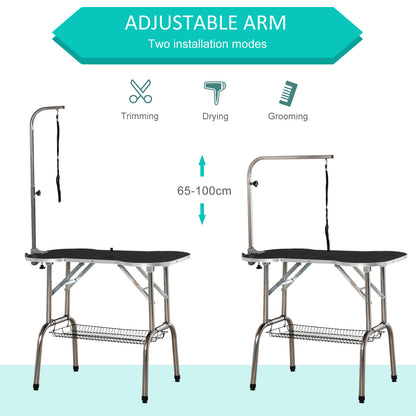 PawHut Pet Foldable Grooming Table w/ Adjustable Arm Non-Slip Tabletop Leash