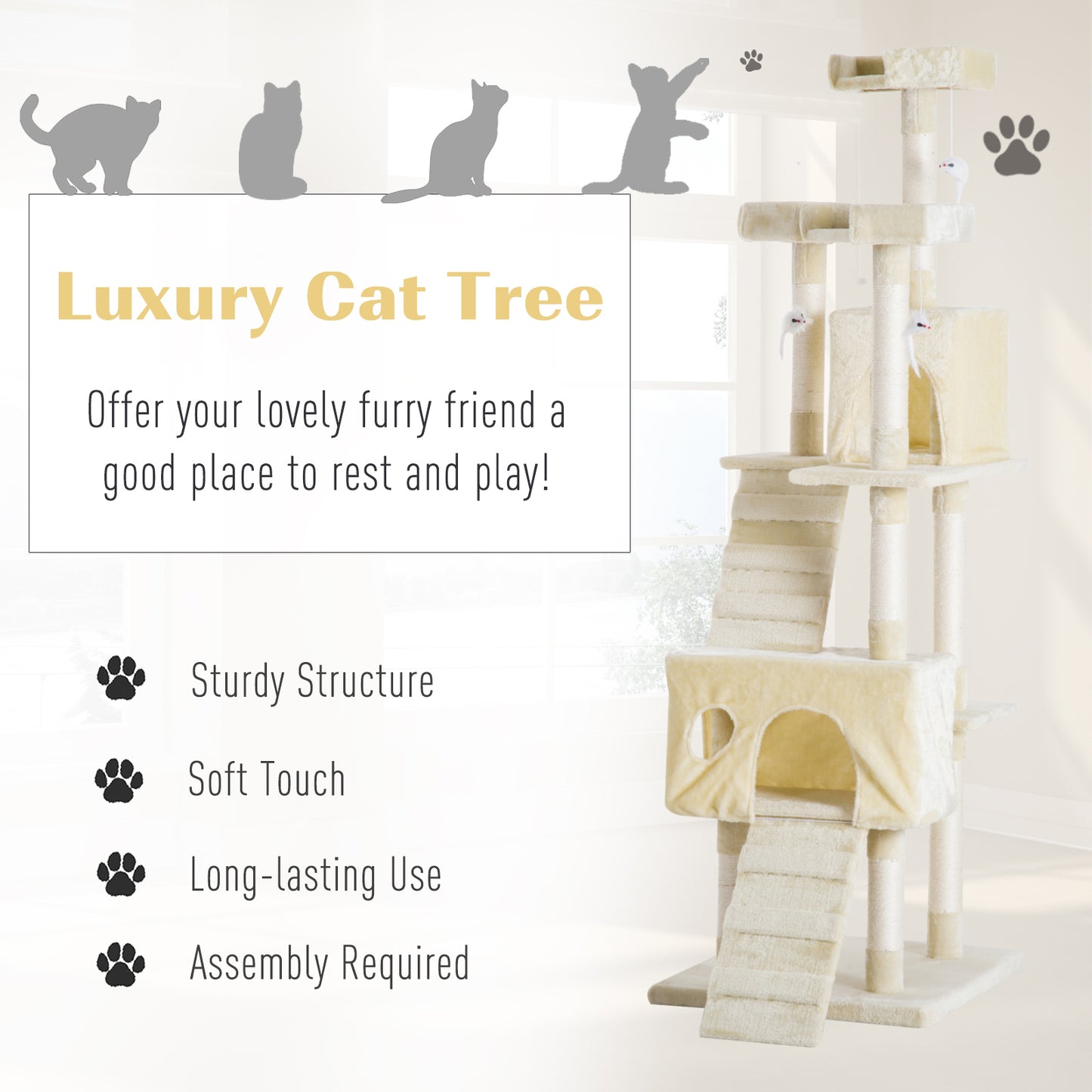 PawHut Cat Tree Scratching Post 27L×27W×28.5H cm-Beige